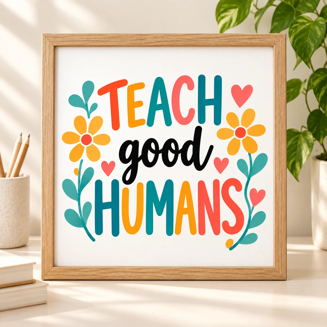 Teach Good Humans tasarımlı poster; temsili mockup