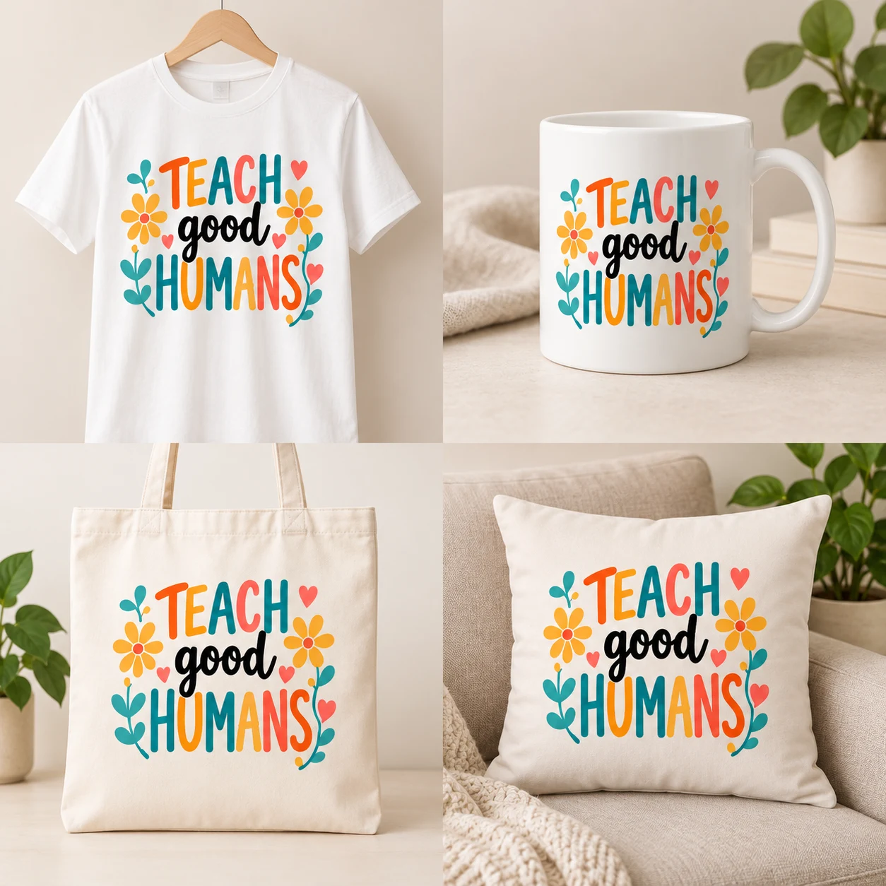 Teach Good Humans tasarımlı tişört; temsili mockup